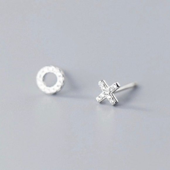 Letter X&O Asymmetry Studs Earrings w/CZ-ECZ016 - Picture 14 of 16